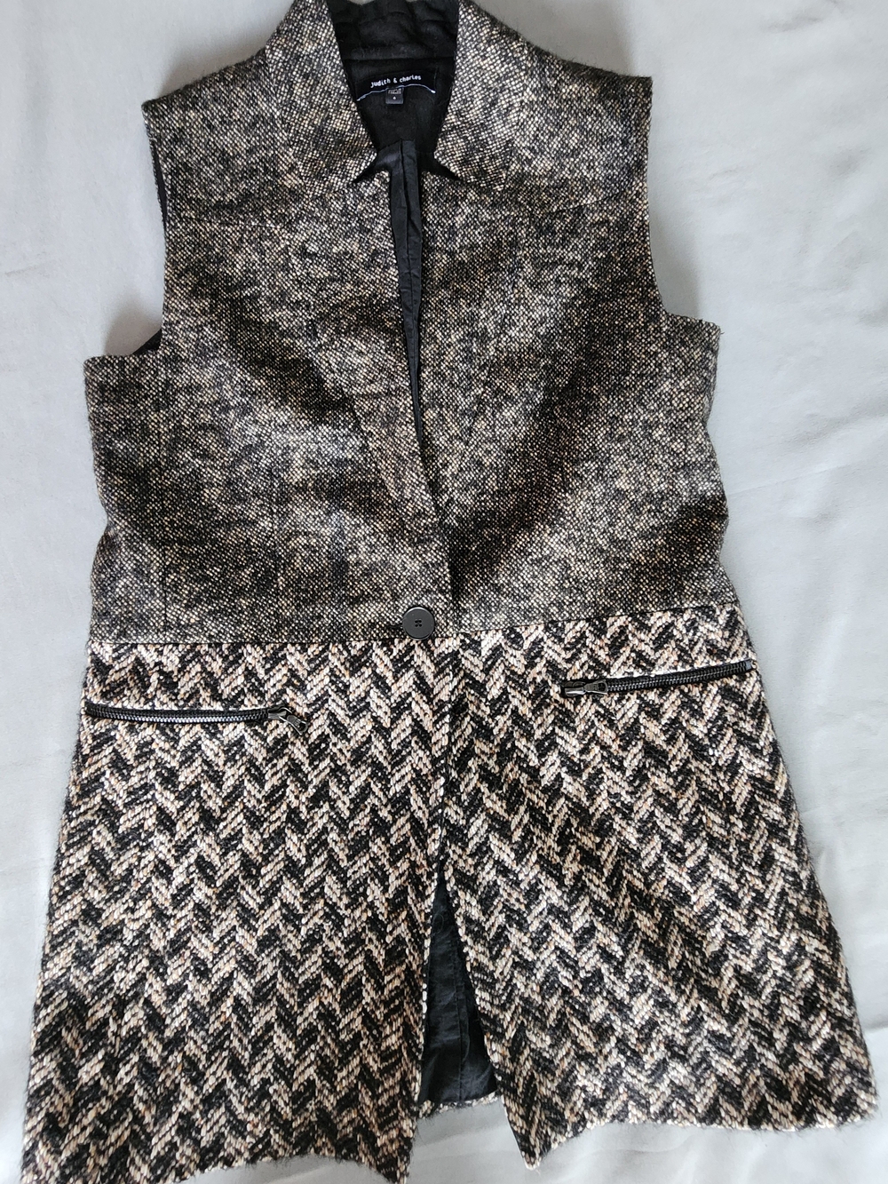 Judith & Charles Tweed Herringbone Long Vest Sleeveless Jacket